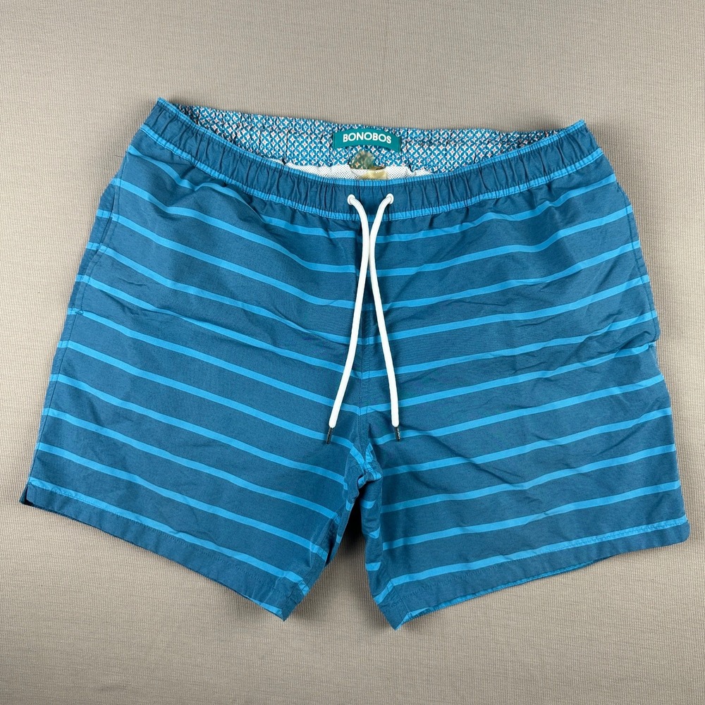 Bonobos Mens Blue Striped Swim Trunks Elastic 34 Waist Mesh Lined 7 Inch Inseam
